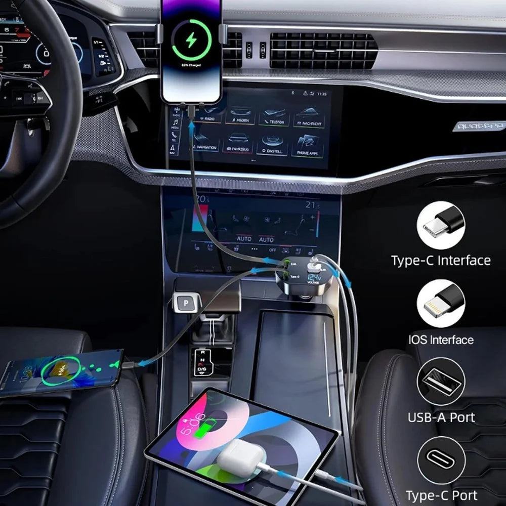 4-in-1 Super Fast Car Charger with Dual Built-In Cables, Dual USB Ports