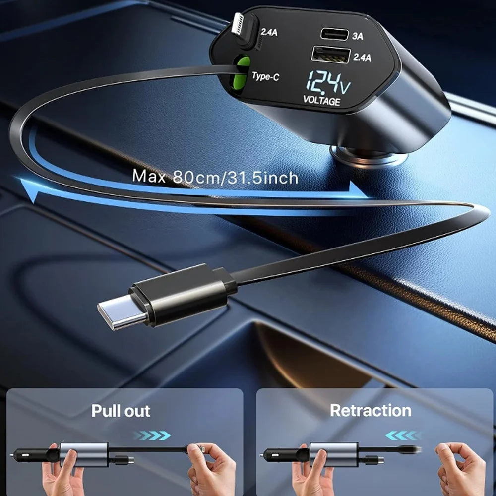4-in-1 Super Fast Car Charger with Dual Built-In Cables, Dual USB Ports