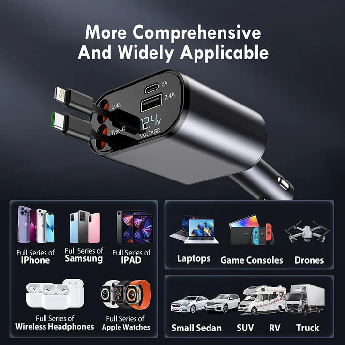 4-in-1 Super Fast Car Charger with Dual Built-In Cables, Dual USB Ports