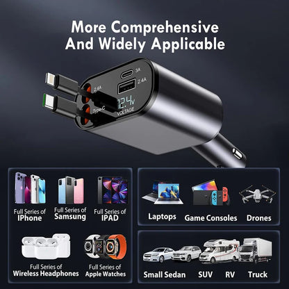 4-in-1 Super Fast Car Charger with Dual Built-In Cables, Dual USB Ports