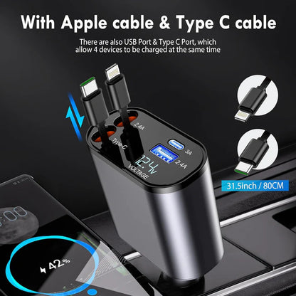 4-in-1 Super Fast Car Charger with Dual Built-In Cables, Dual USB Ports